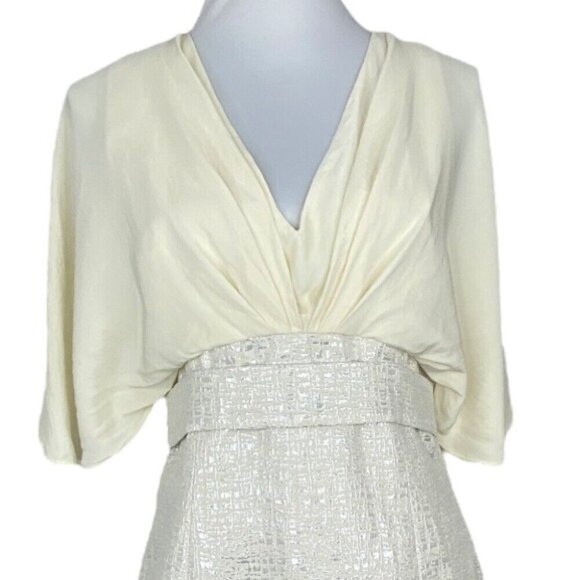 Badgley Mischka Women’s Off-White Silver Metallic Silk V-Neck Party Dress 10/C32 - Picture 5 of 12